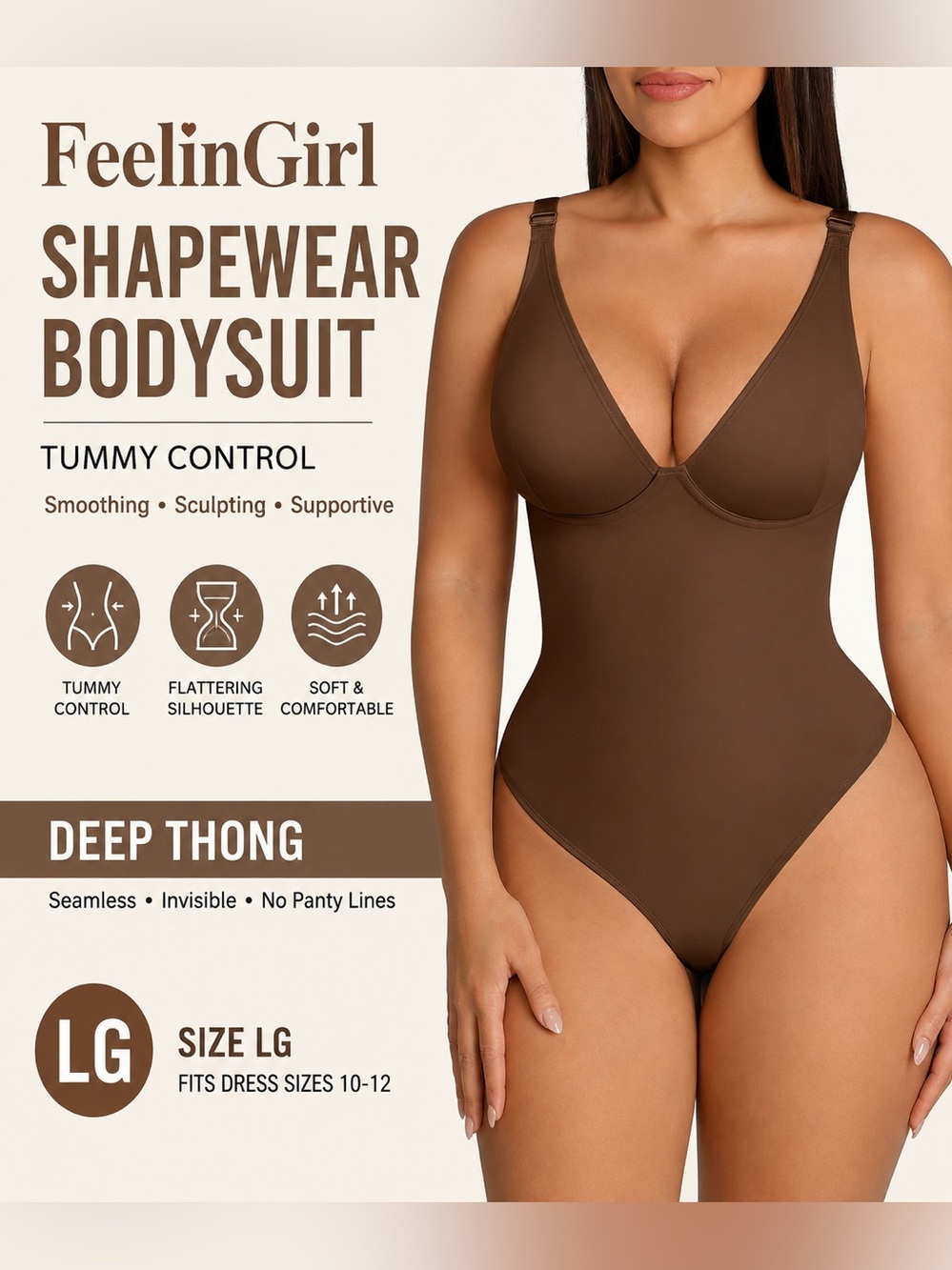 FeelinGirl Shapewear Bodysuits for Women Tummy Control Body Suit Deep Thong LG